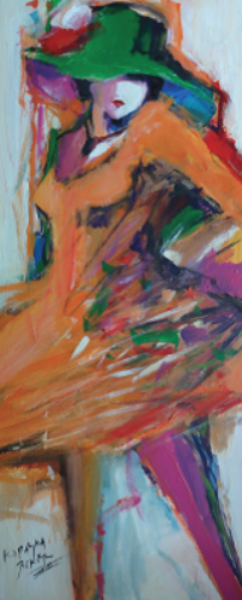126. Koraljka Beker, "Djevojka u narančastoj haljini", 63x27 cm / 90x38 cm